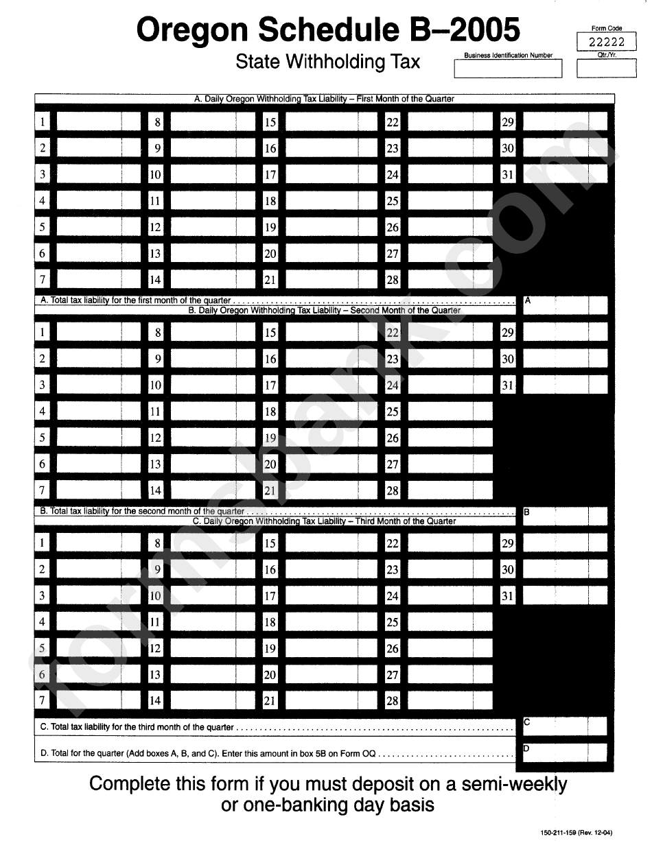 Form 22222 Oregon Schedule B State Withholding Tax Form Oregon 