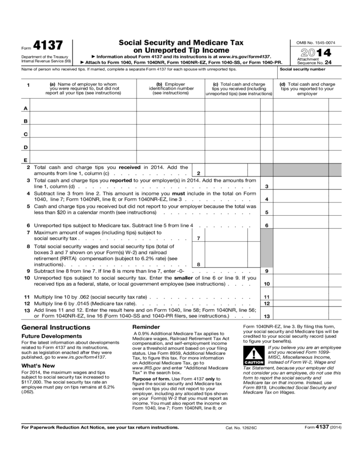 Form 4137 Social Security And Medicare Tax On Unreported Tip Income 