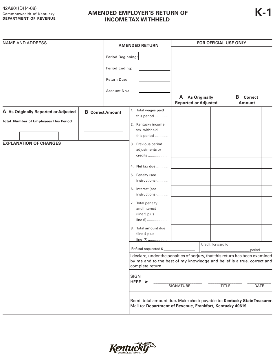 Form 42A801 D K 1 Download Fillable PDF Or Fill Online Amended 