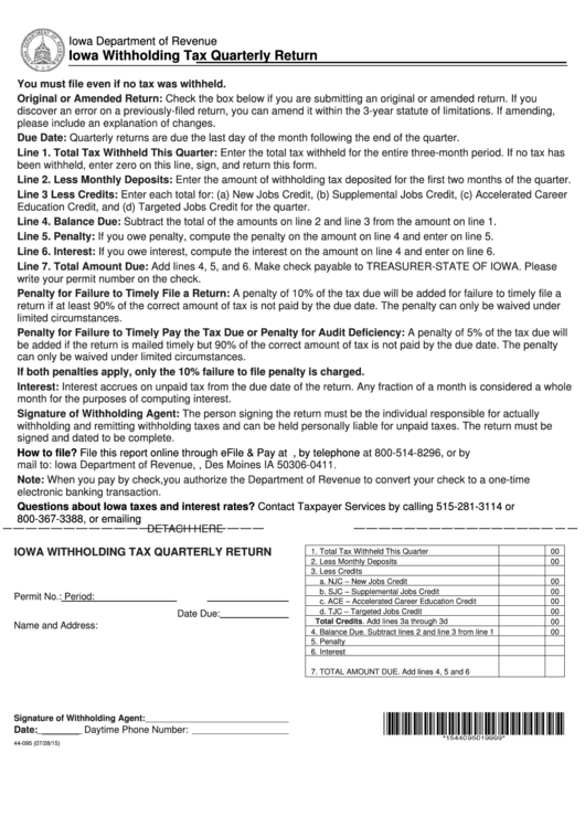 Form 44 095 Iowa Withholding Tax Quarterly Return Printable Pdf Download