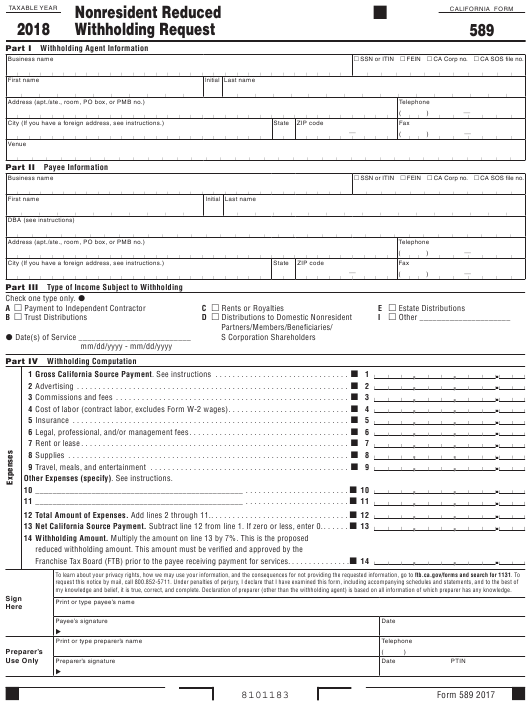 Form 589 Download Printable PDF Or Fill Online Nonresident Reduced