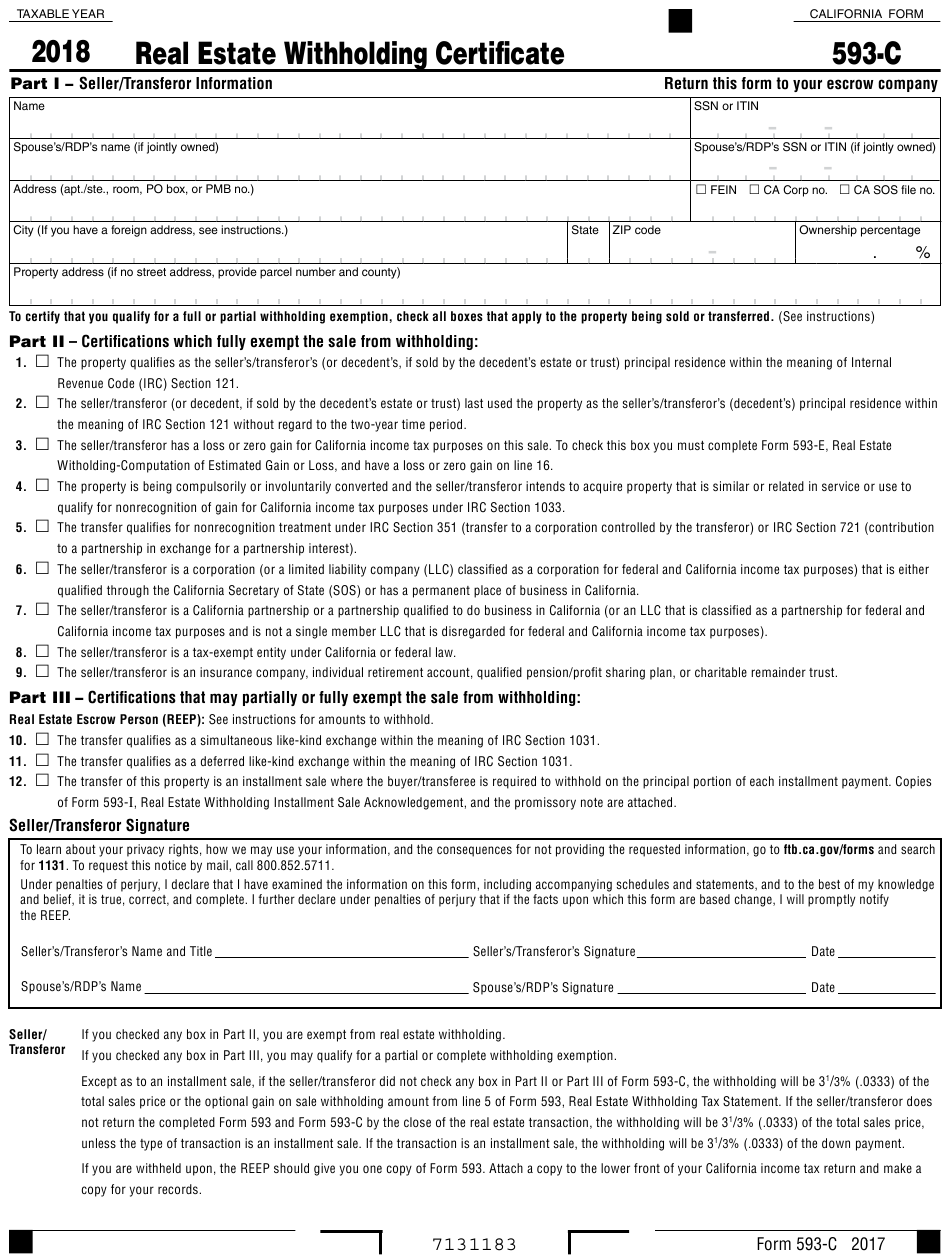 Form 593 c Download Fillable PDF Or Fill Online Real Estate Withholding 