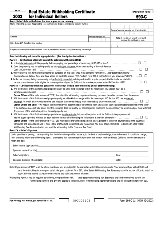 Form 593 C Real Estate Withholding Certificate For Individual Sellers 