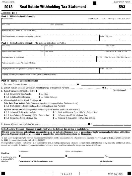 Form 593 Download Fillable PDF Or Fill Online Real Estate Withholding