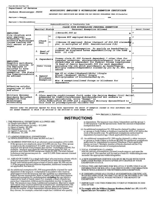 Form 89 350 10 2 Mississippi Employee S Withholding Exemption