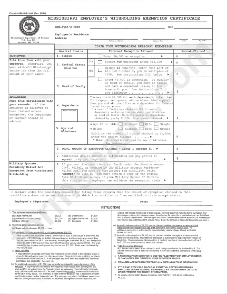 Form 89 350 14 8 1 000 Mississippi Employee S Withholding Certificate 