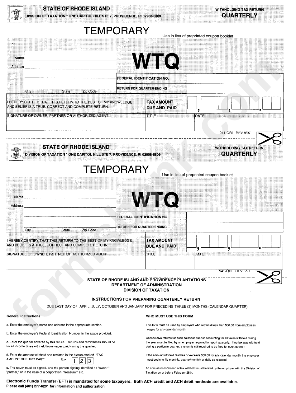 Form 941 Qri Withholding Tax Return Quarterly State Of Rhode