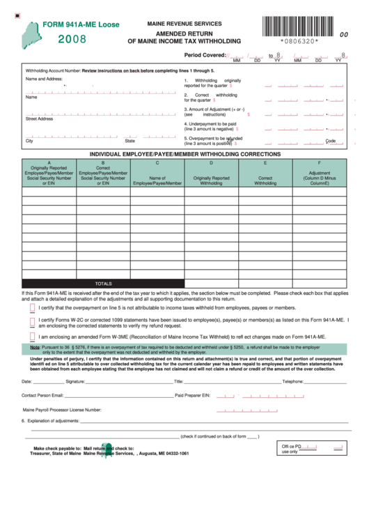 Form 941a Me Loose Amended Return Of Maine Income Tax Withholding 