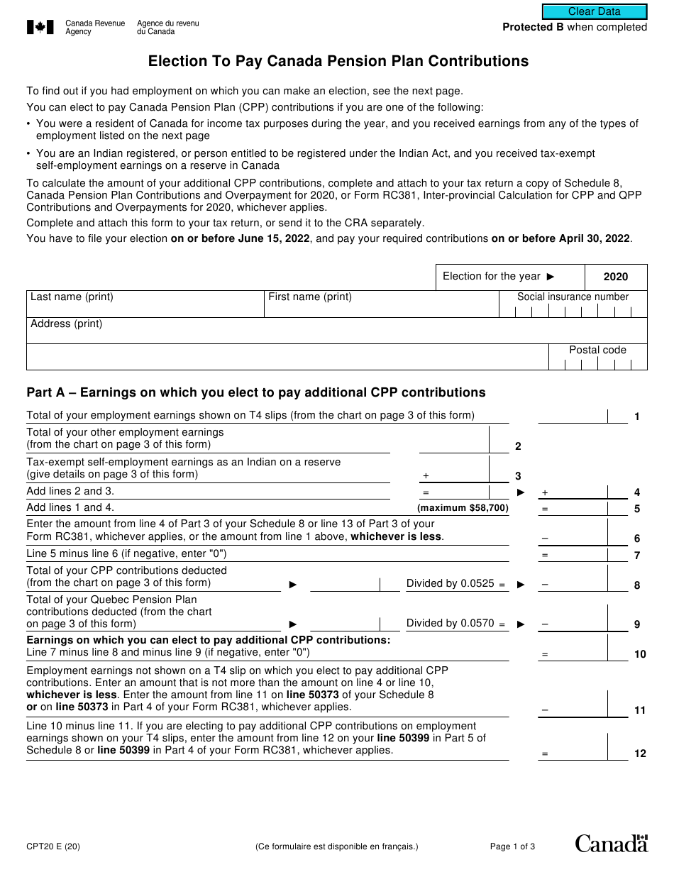 Form CPT20 Download Fillable PDF Or Fill Online Election To Pay Canada