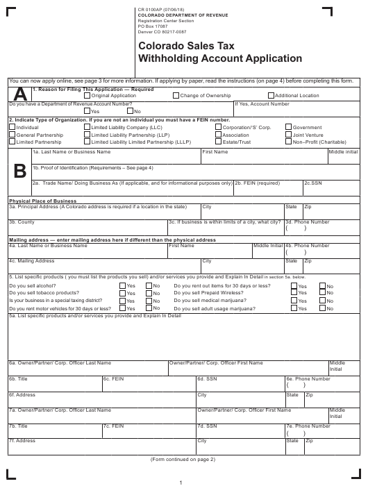 Form CR0100AP Download Fillable PDF Or Fill Online Colorado Sales Tax 