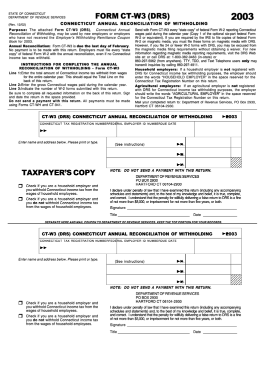 Form Ct W3 Drs Connecticut Annual Reconciliation Of Withholding 