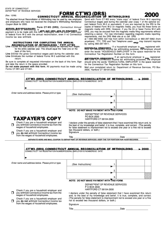 Form Ct W3 Drs Connecticut Annual Reconciliation Of Withholding