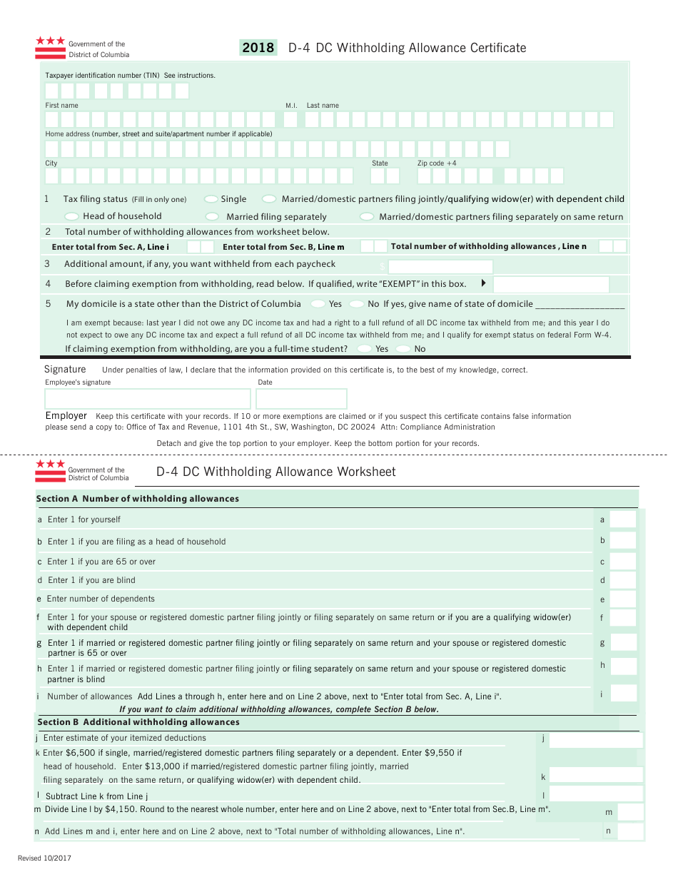 Form D 4 Download Printable PDF Or Fill Online Dc Withholding Allowance