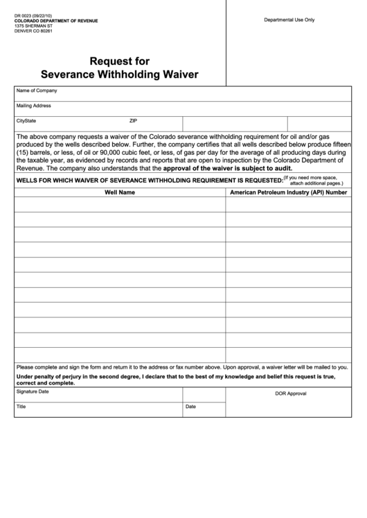 Form Dr 0023 Request For Severance Withholding Waiver Printable Pdf 