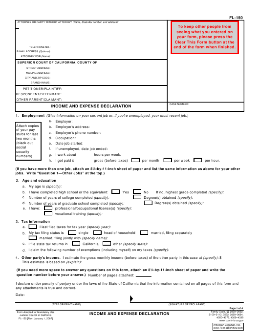 Form FL 150 Download Fillable PDF Or Fill Online Income And Expense 