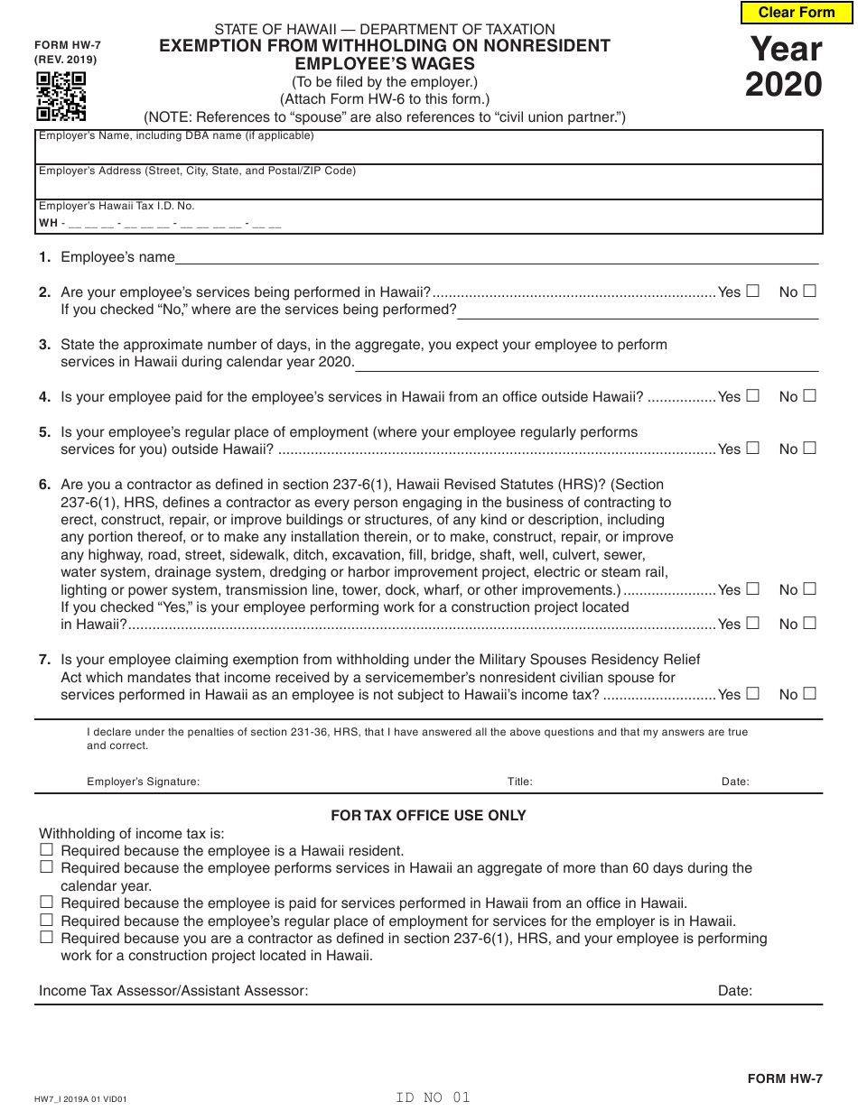 Form HW 7 Download Fillable PDF Or Fill Online Exemption From 