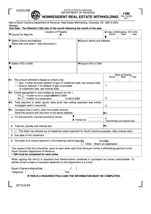 Form I 290 Nonresident Real Estate Withholding South Carolina 