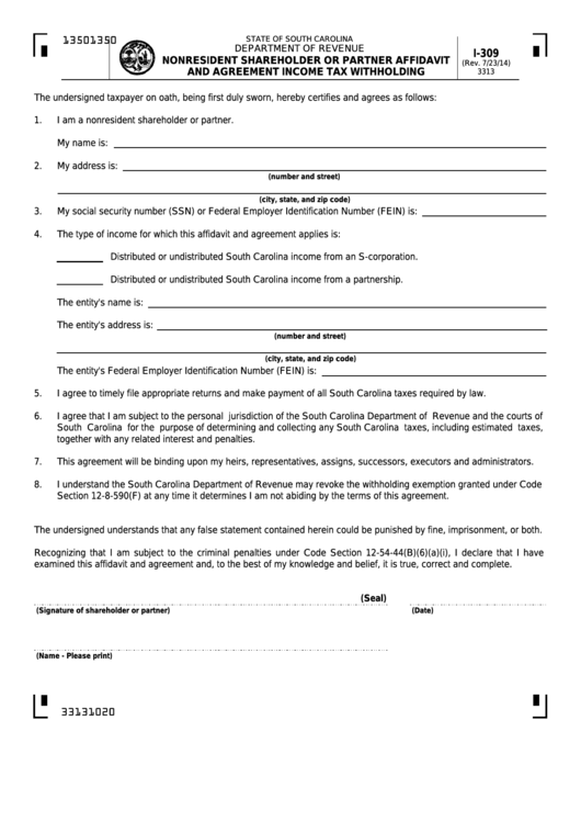 Form I 309 Nonresident Shareholder Or Partner Affidavit And Agreement 