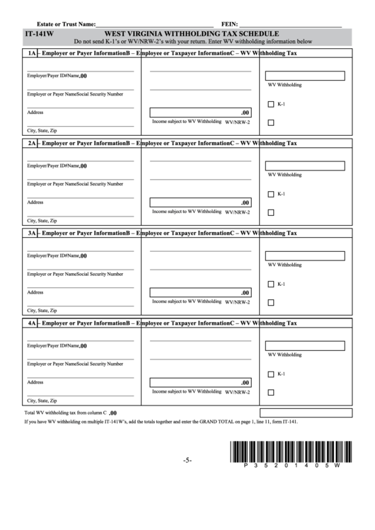 Form It 141w West Virginia Withholding Tax Schedule Printable Pdf