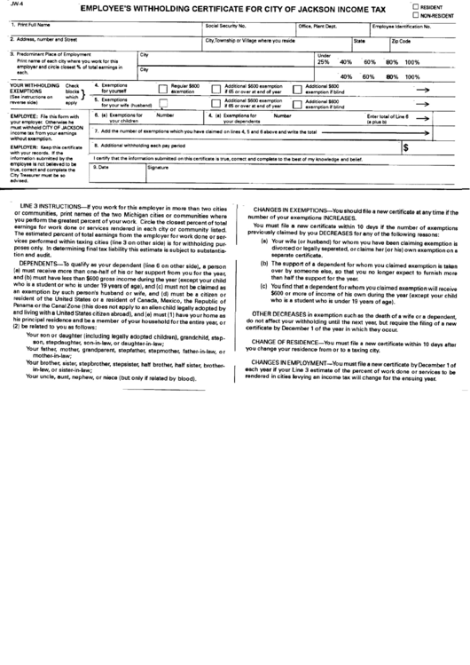 Form Jw 4 Employee S Withholding Certificate For City Of Jackson 