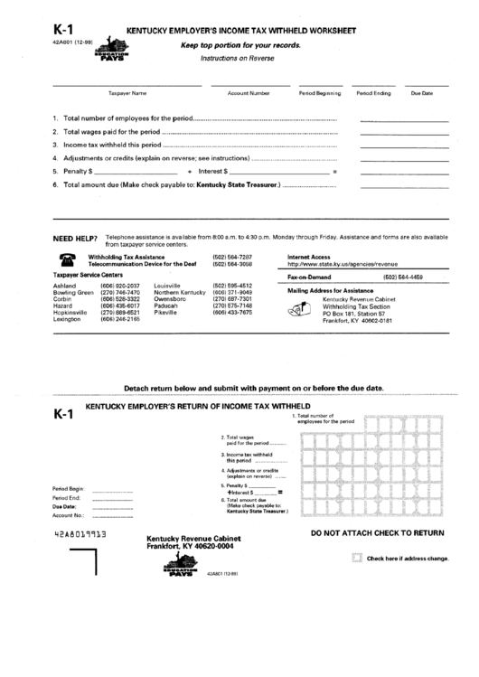 Form K 1 Kentucky Employer S Return Of Income Tax Withheld Printable