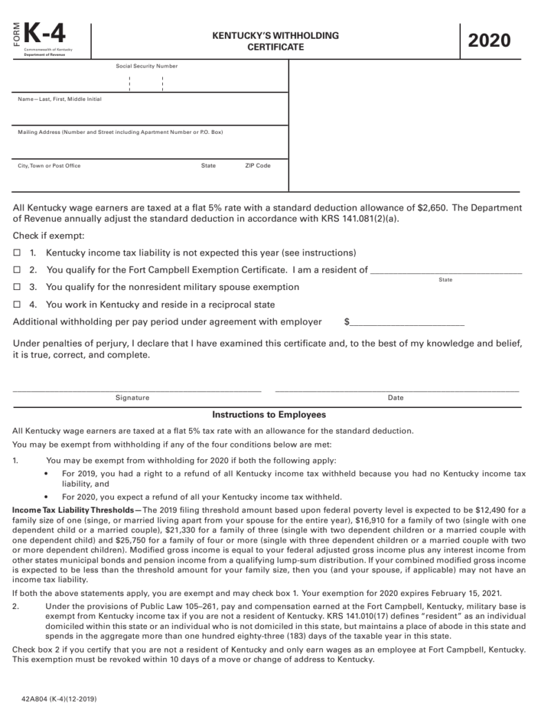 Form K 4 42A804 Download Printable PDF Or Fill Online Kentucky s 