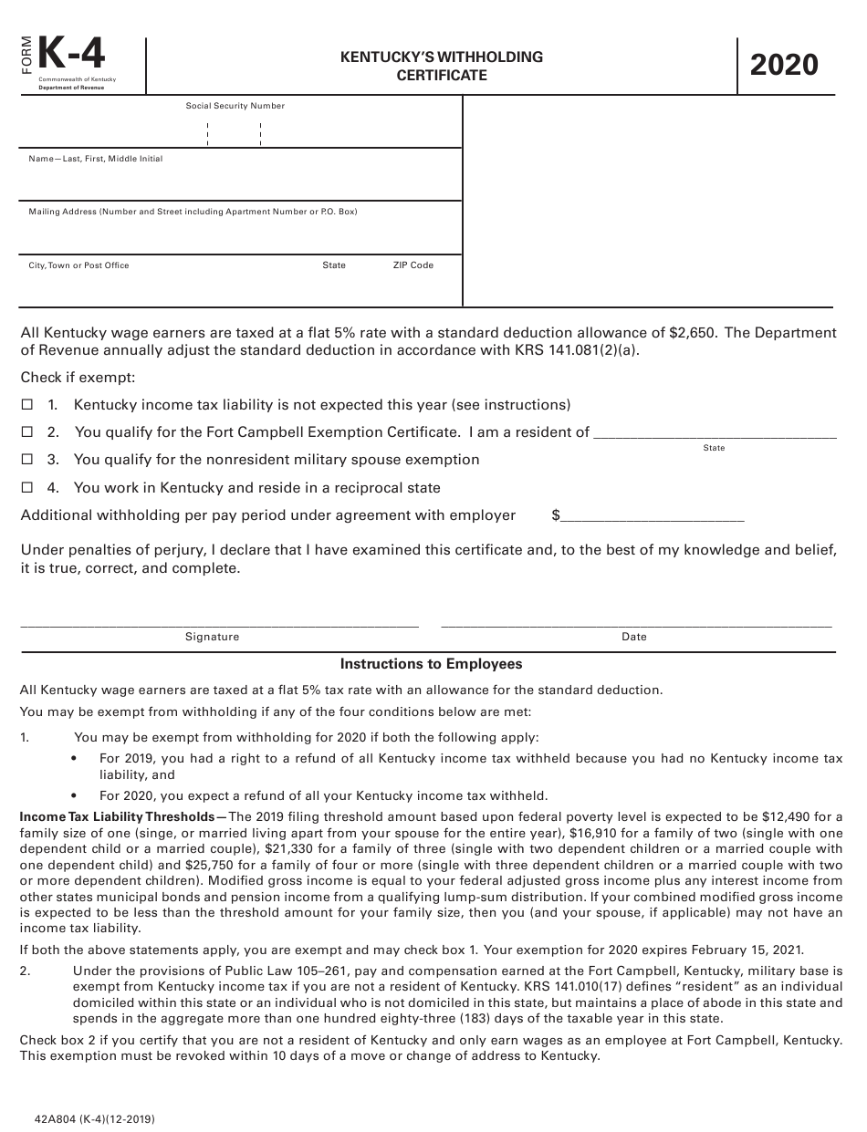 Form K 4 42A804 Download Printable PDF Or Fill Online Kentucky s 