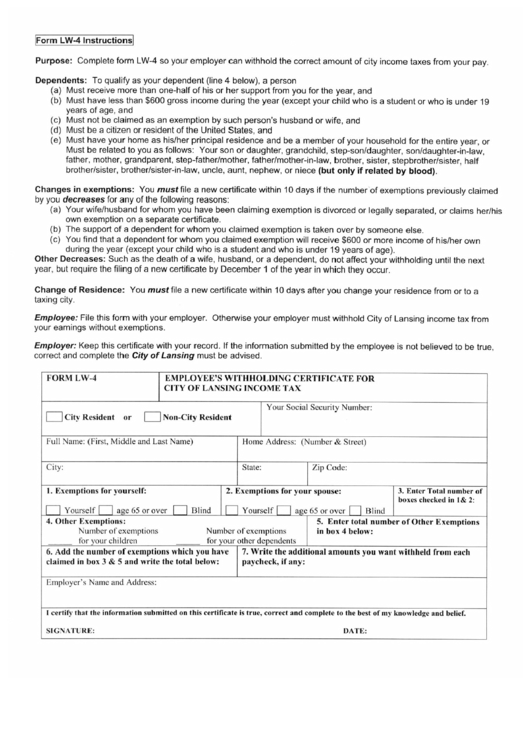 Form Lw 4 Employee S Withholding Certificate For City Of Lansing 