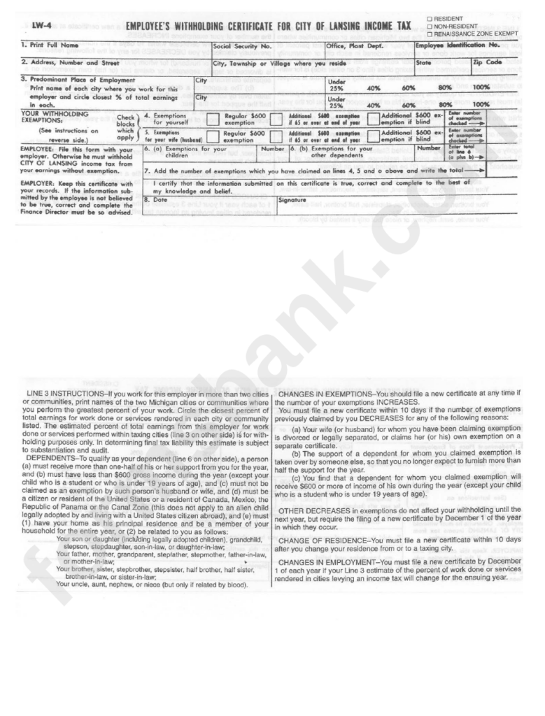 Form Lw 4 Employee S Withholding Certificate For Income Tax City Of 