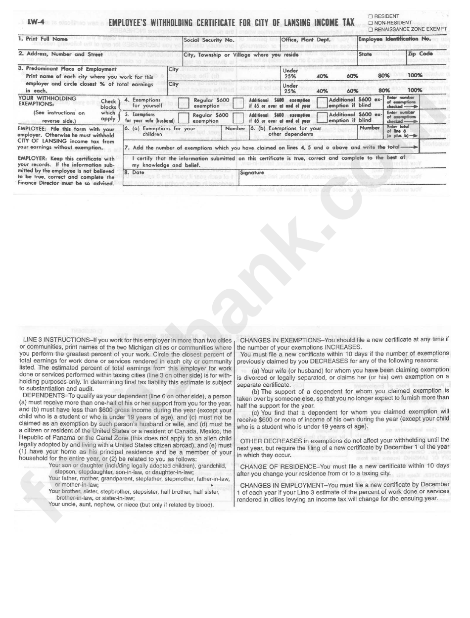 Form Lw 4 Employee S Withholding Certificate For Income Tax City Of 