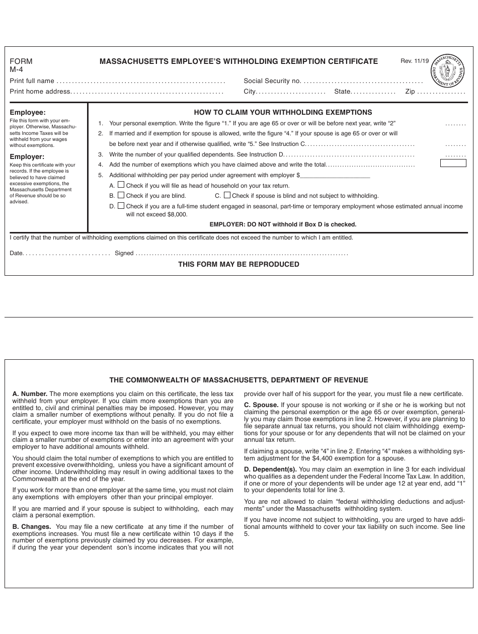 Form M 4 Download Printable PDF Or Fill Online Massachusetts Employee s 