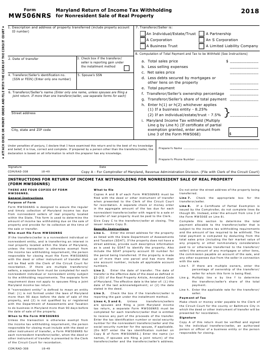 Form MW 506NRS Download Fillable PDF 2018 Maryland Return Of Income