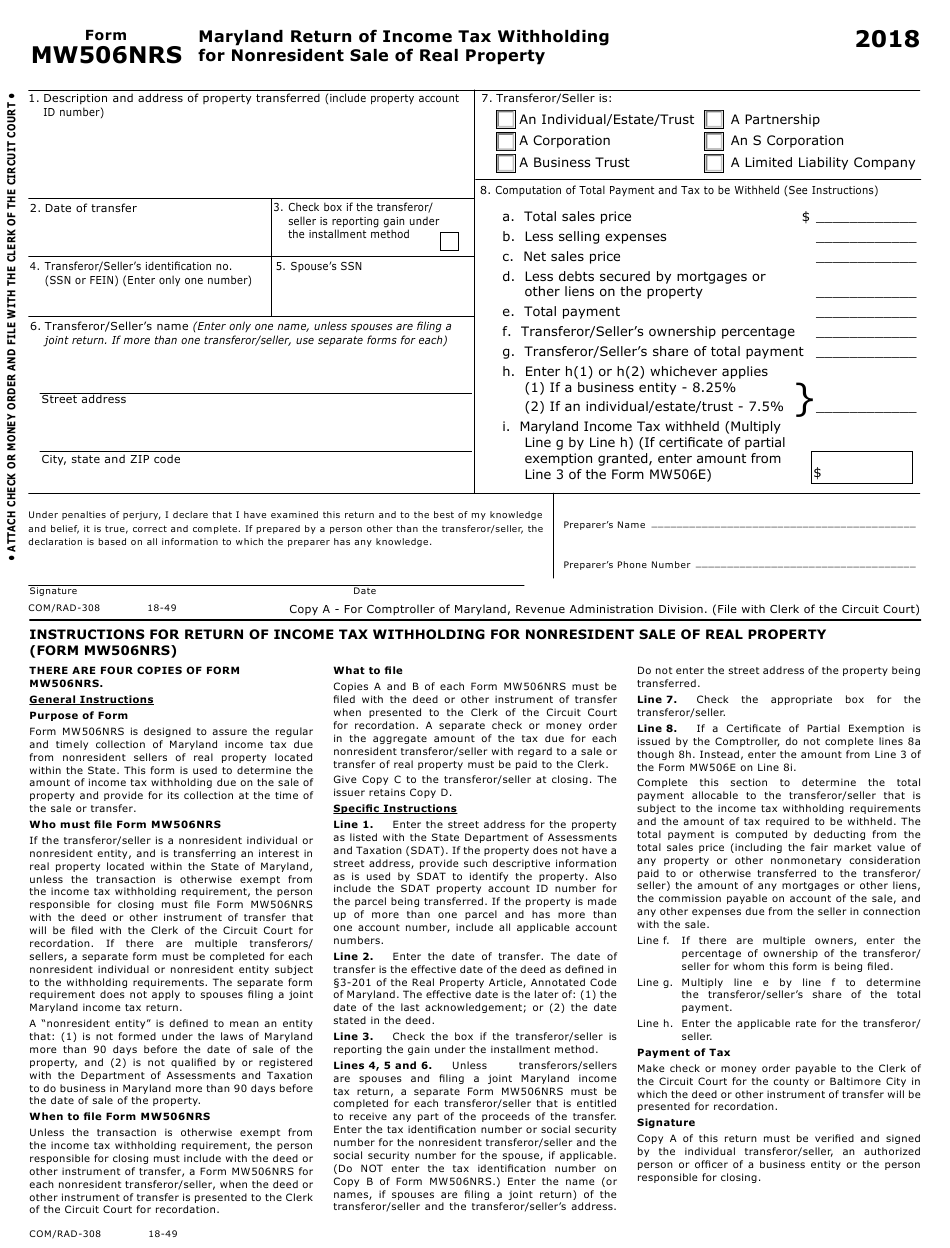 Form MW506NRS Download Fillable PDF Or Fill Online Maryland Return Of 