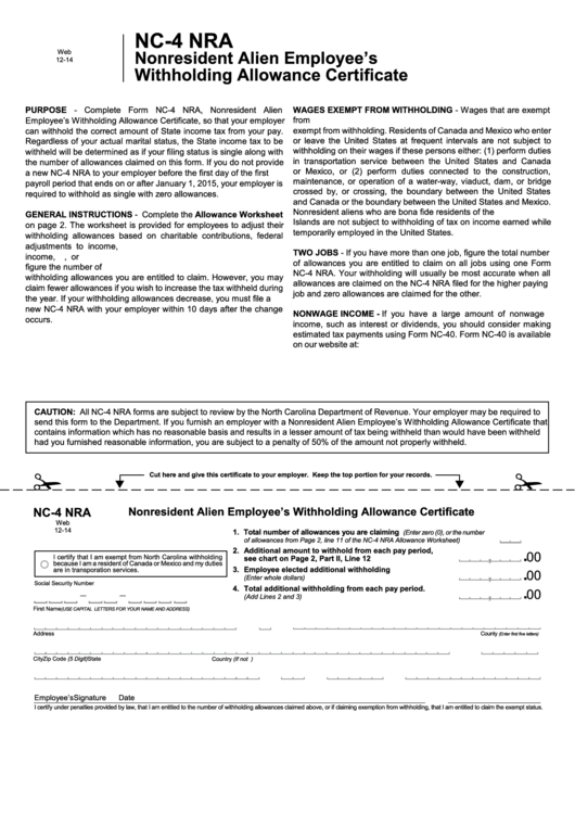 Form Nc 4 Nra Nonresident Alien Employee S Withholding Allowance 