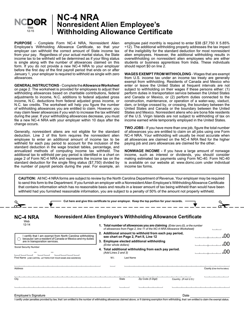 Form NC 4 NRA Nonresident Alien North Carolina Department Of