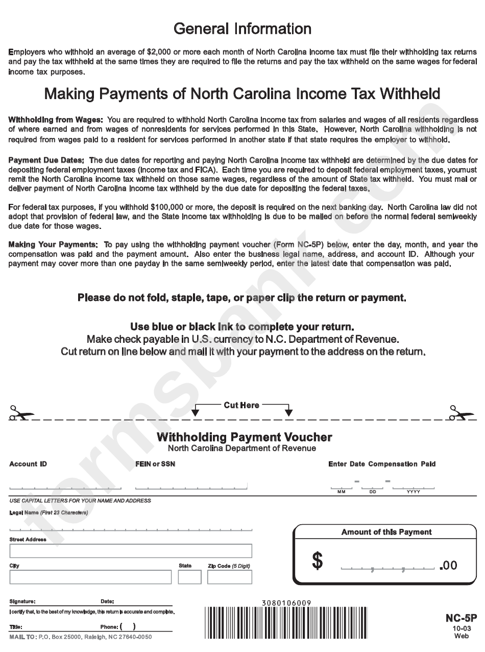 Form Nc 5p Withholding Payment Voucher 2003 Printable Pdf Download