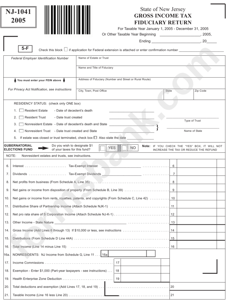 Form Nj 1041 Gross Income Tax Fiduciary Return 2005 Printable Pdf 