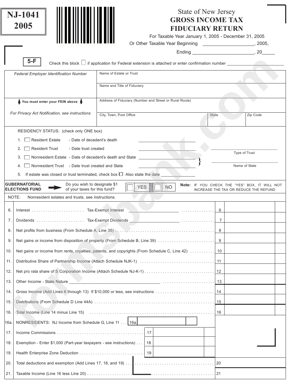 Form Nj 1041 Gross Income Tax Fiduciary Return 2005 Printable Pdf 