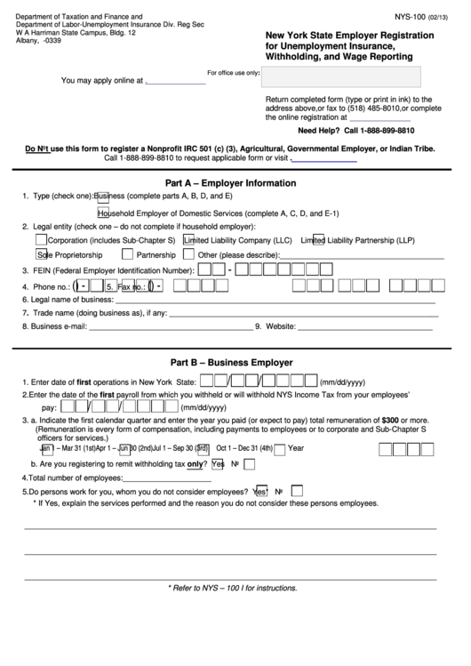 Form Nys 100 New York State Employer Registration For Unemployment 