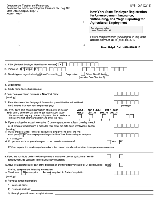 Form Nys 100a New York State Employer Registration For Unemployment 