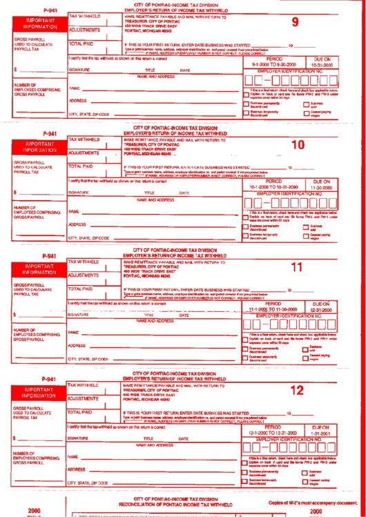 Form P 941 Employer S Return Of Income Tax Withheld City Of Pontiac 