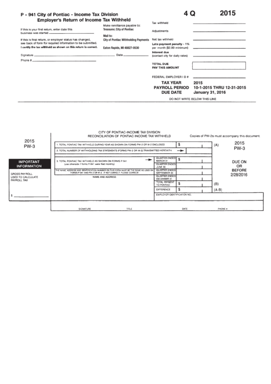 Form P 941 Employer S Return Of Income Tax Withheld City Of Pontiac 