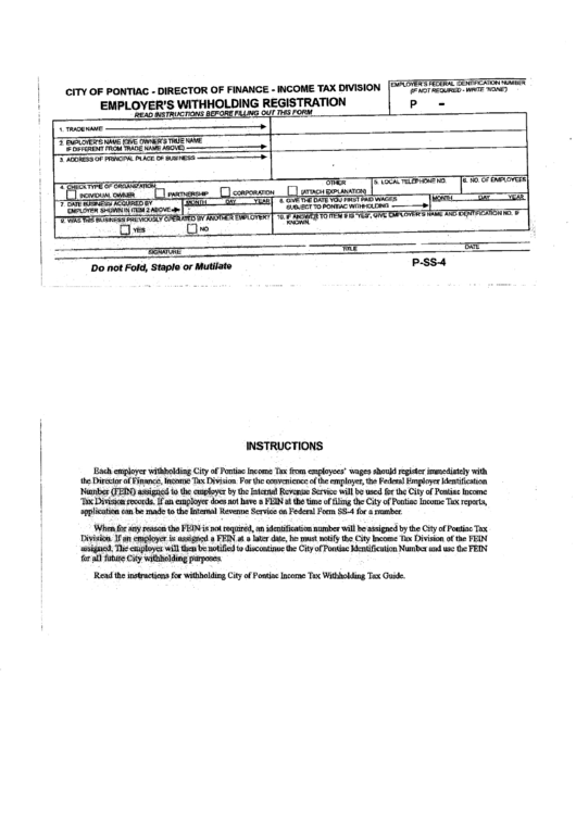 Form P Ss 4 Employer S Withholding Registration City Of Pontiac