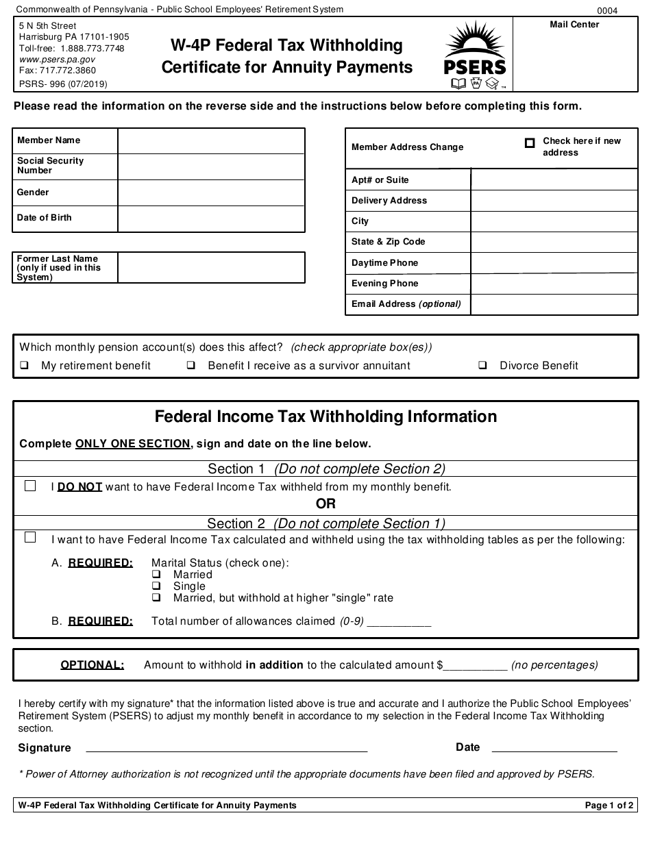 Form PSRS 996 Download Printable PDF Or Fill Online W 4p Federal Tax