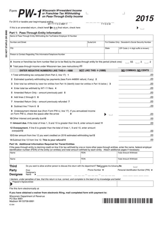 Form Pw 1 Wisconsin Nonresident Income Or Franchise Tax Withholding 