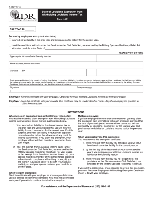 Form R 1307 State Of Louisiana Exemption From Withholding Louisiana