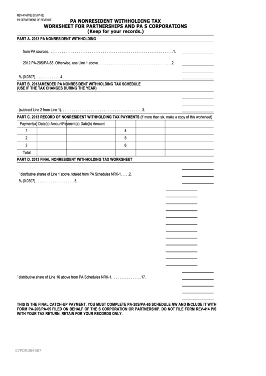 Form Rev 414 P s Pa Nonresident Withholding Tax Worksheet For 