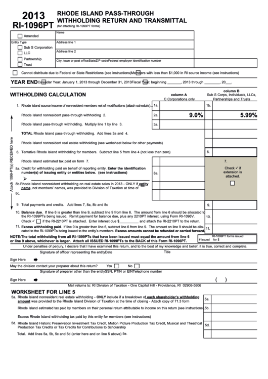 Form Ri 1096pt Rhode Island Pass Through Withholding Return And