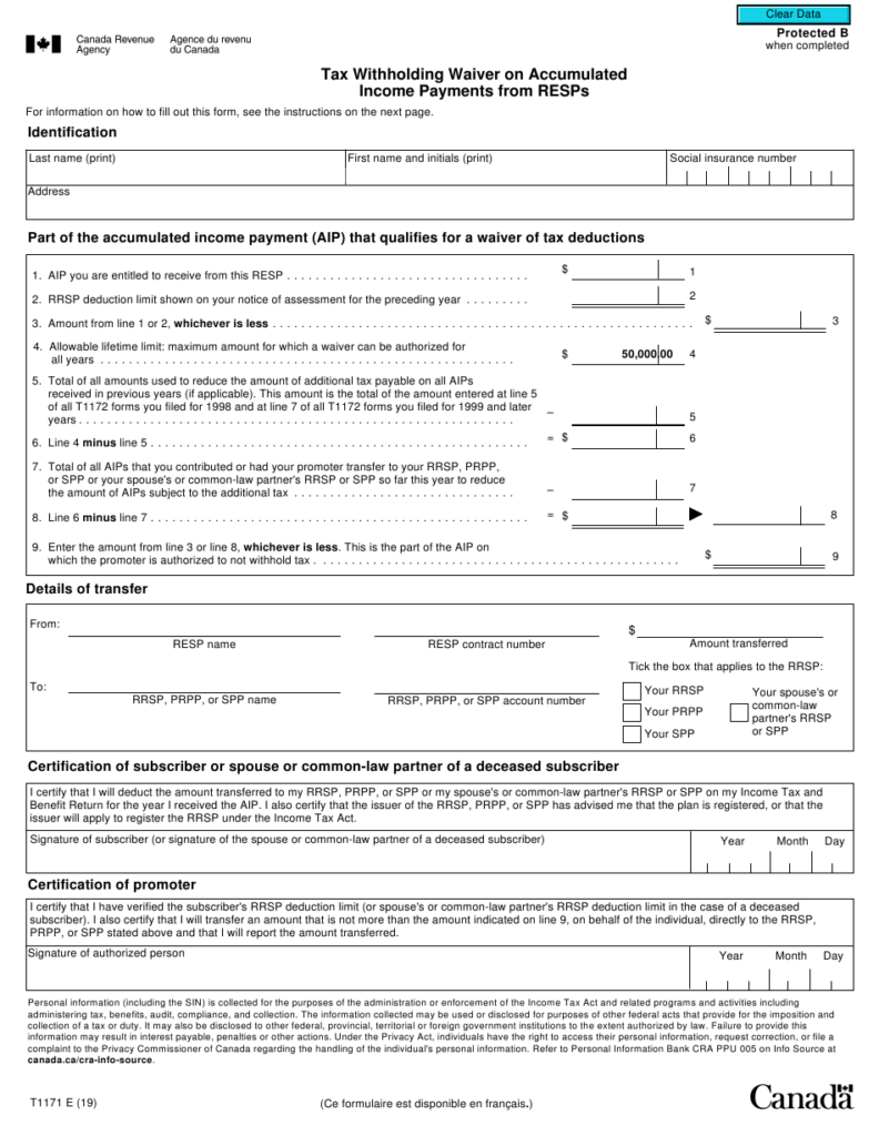 Form T1171 Download Fillable PDF Or Fill Online Tax Withholding Waiver 