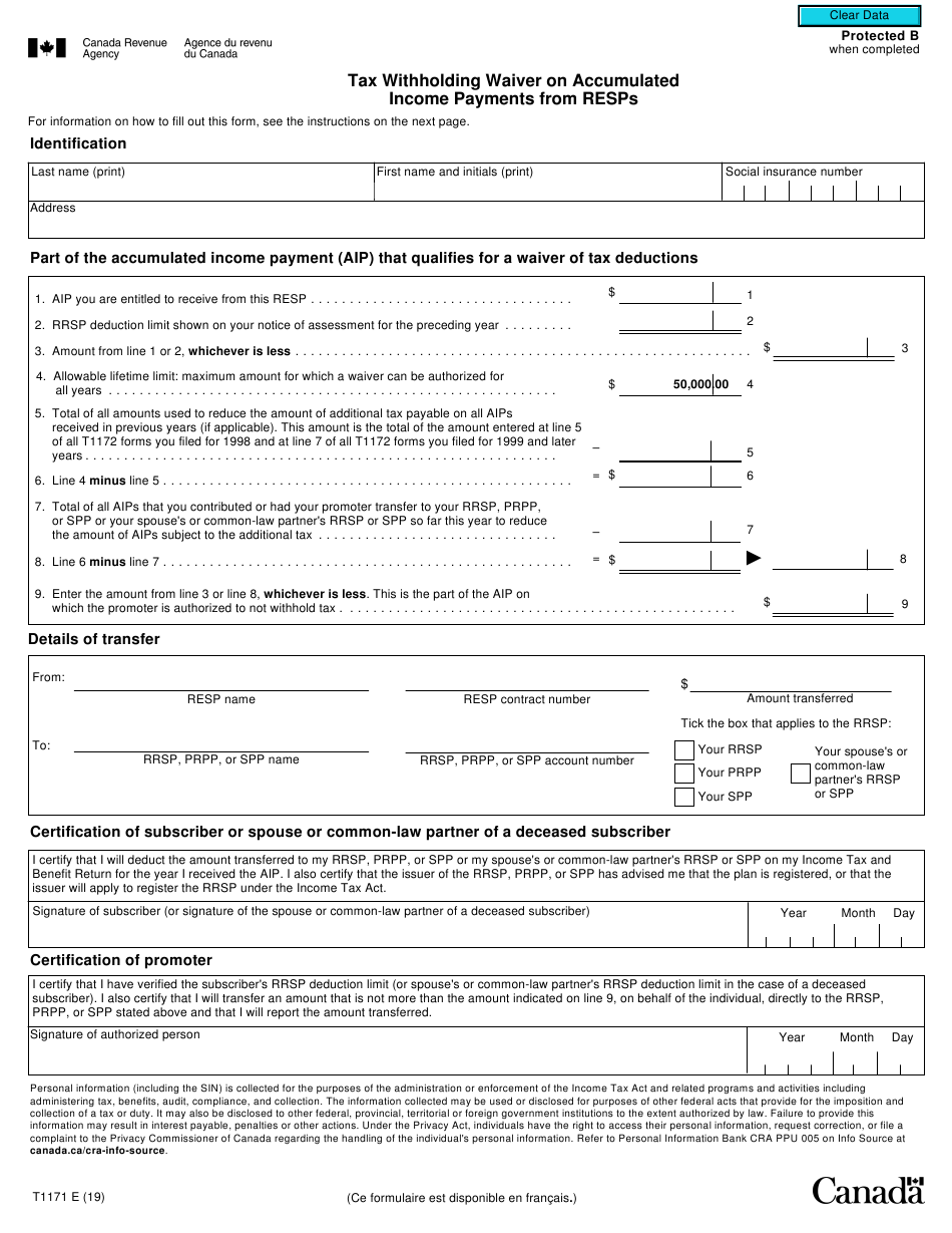 Form T1171 Download Fillable PDF Or Fill Online Tax Withholding Waiver